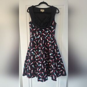 Lindy Bop Black Dress with Pink & Teal Lipstick Print